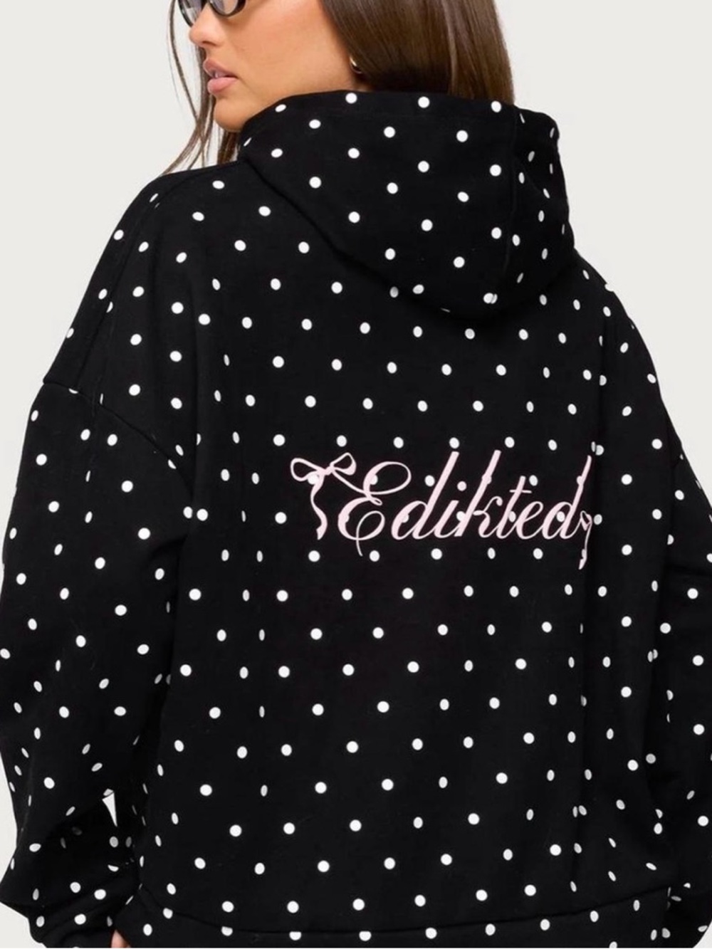 Edikted Black Polka hoodie with Pink Script Logo